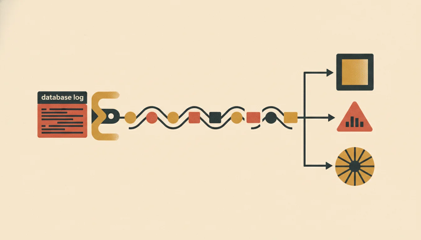 A one-way data path from a database log to a connector, then an event stream, then several consumers